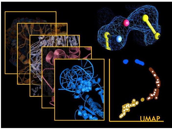 Illustration zum Einsatz des SimplifiedBondfinder-Algorithmus zur Aufdeckung versteckter chemischer Bindungen in Proteinen durch die Kombination von maschinellem Lernen (UMAP*), quantenmechanischer Modellierung und Methoden der Strukturverfeinerung.